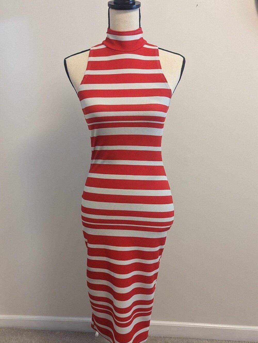 Snap Red and White Striped Bodycon Maxi Dress High Neck Bodycon Beach Summer